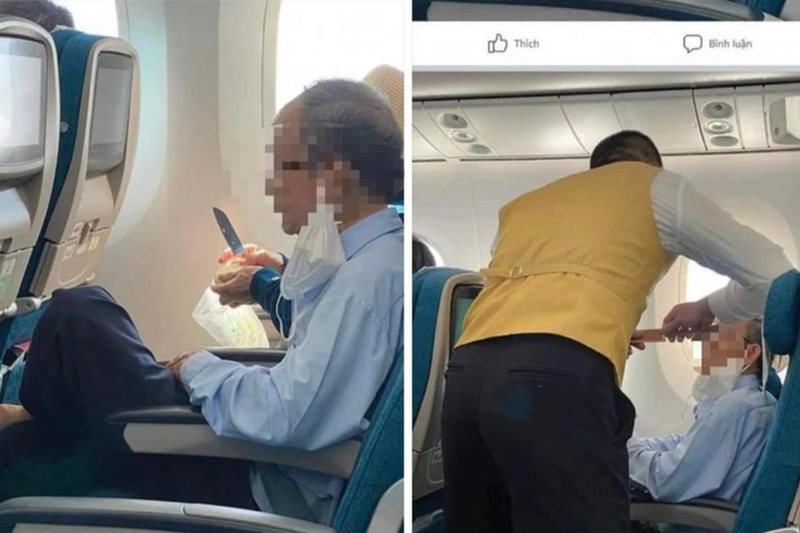 Hình ảnh vị khách lớn tuổi cầm dao gọt hoa quả trên chuyến bay VN208.