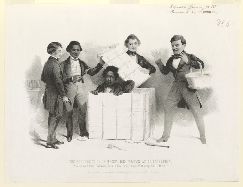 Tranh mô tả khoảnh khắc Brown chui ra khỏi thùng gỗ trước sự chứng kiến của các thành viên thuộc Ủy ban Cảnh giác, Hiệp hội Bãi nô Pennsylvania, Philadelphia, Mỹ. Ảnh: Wikipedia.org - Thư viện Quốc hội Mỹ