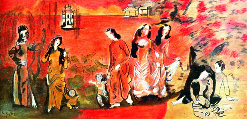 Nguyễn Gia Trí - 'Thiếu nữ bên Hồ Gươm', 1943 - 1944 (Mực sơn ta trên giấy. Phác thảo trên giấy cho bức sơn mài cùng tên).