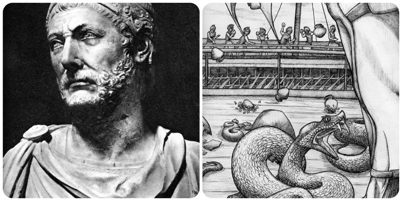 Khôn ngoan ném bình đất sét chứa rắn độc vào thuyền kẻ thù, Tướng Hannibal thắng trận. Ảnh: Thecollector.com - Khqa.com