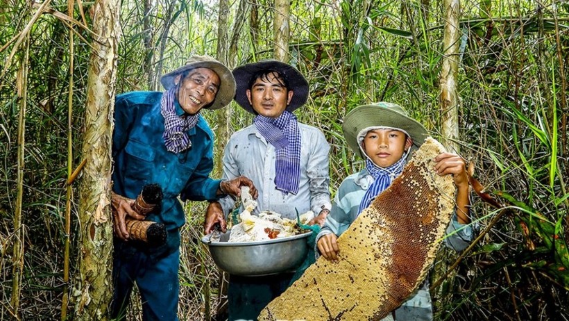Gia đình 3 thế hệ ông Trần Út Nhì vào rừng ăn ong. Ảnh: Nguyễn Thanh Dũng.