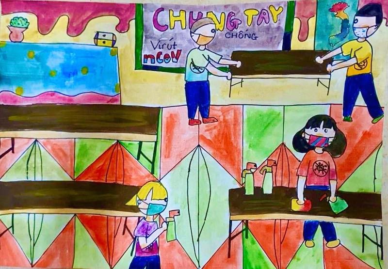 Học sinh vẽ tranh tuyên truyền về phòng, chống dịch bệnh COVID-19 thay cho bài tập