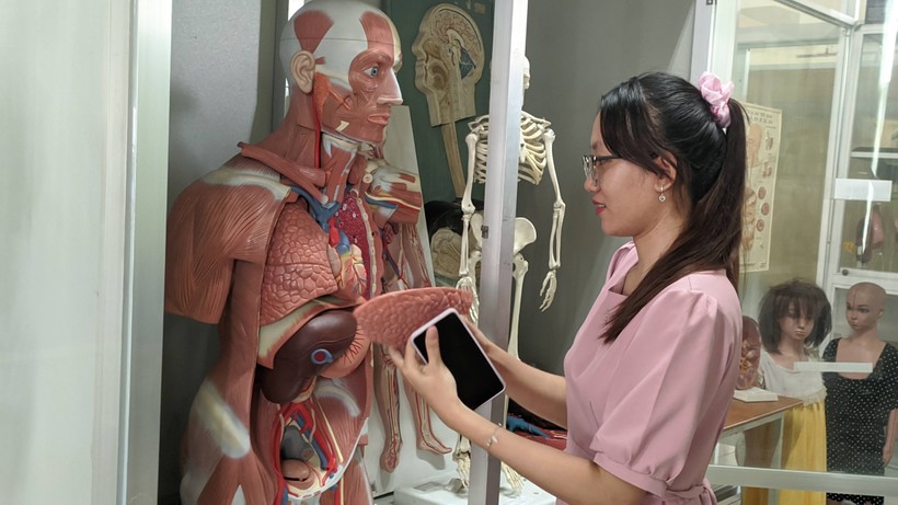 Mô hình giải phẫu cơ thể người tại Trường CĐ Viễn Đông có thể giúp sinh viên học trực tiếp và online khi quét mã QR. 