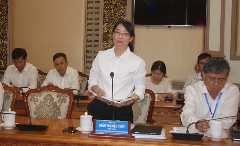 Bà Trần Thị Diệu Thúy phát biểu tại buổi làm việc.