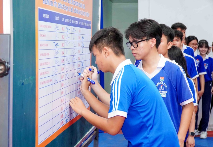 Học sinh Trường THPT Bùi Hữu Nghĩa ký cam kết.