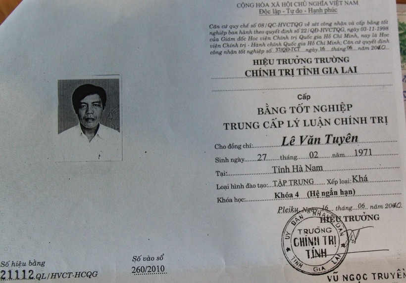 Bằng tốt nghiệp Trung cấp lý luận chính trị của ông Lê Văn Tuyên
